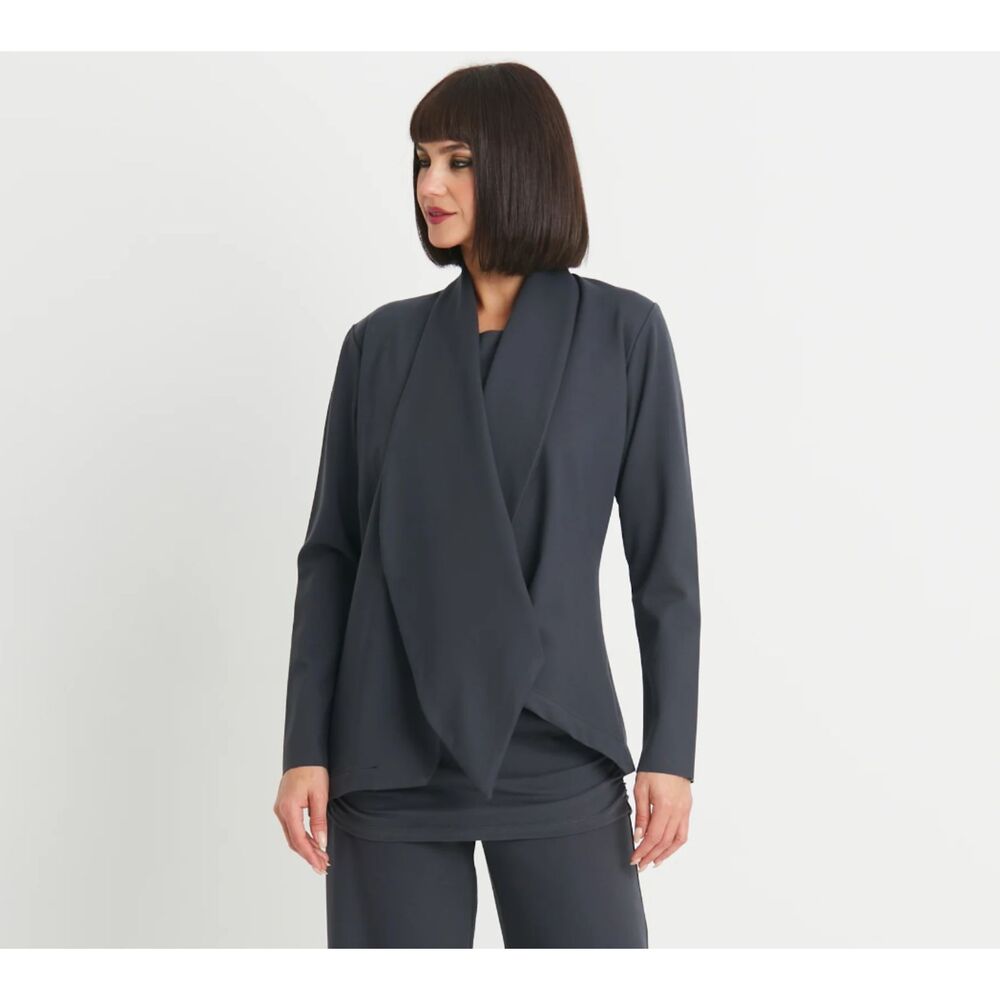 Planet By Laura G Scuba Drape Blazer Women's 2 (10-14) Gray Stretch Classic EUC